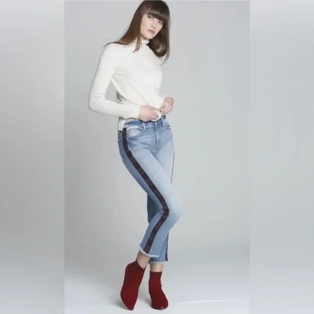 Driftwood Colette Plaid Trim Straight Crop Frayed  Hem Jeans Size 24